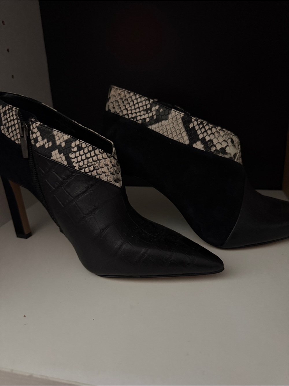 Vince Camuto Black Pointed Ankle Booties with Snake-Print Cuff